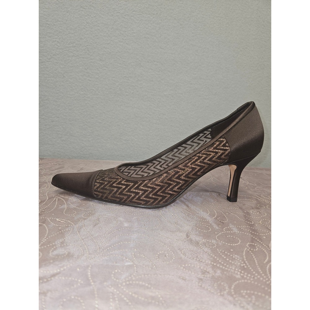 Nina Womens Pointed Toe Kitten Heel Pumps Brown Satin Metallic Chevron Mesh 9M
